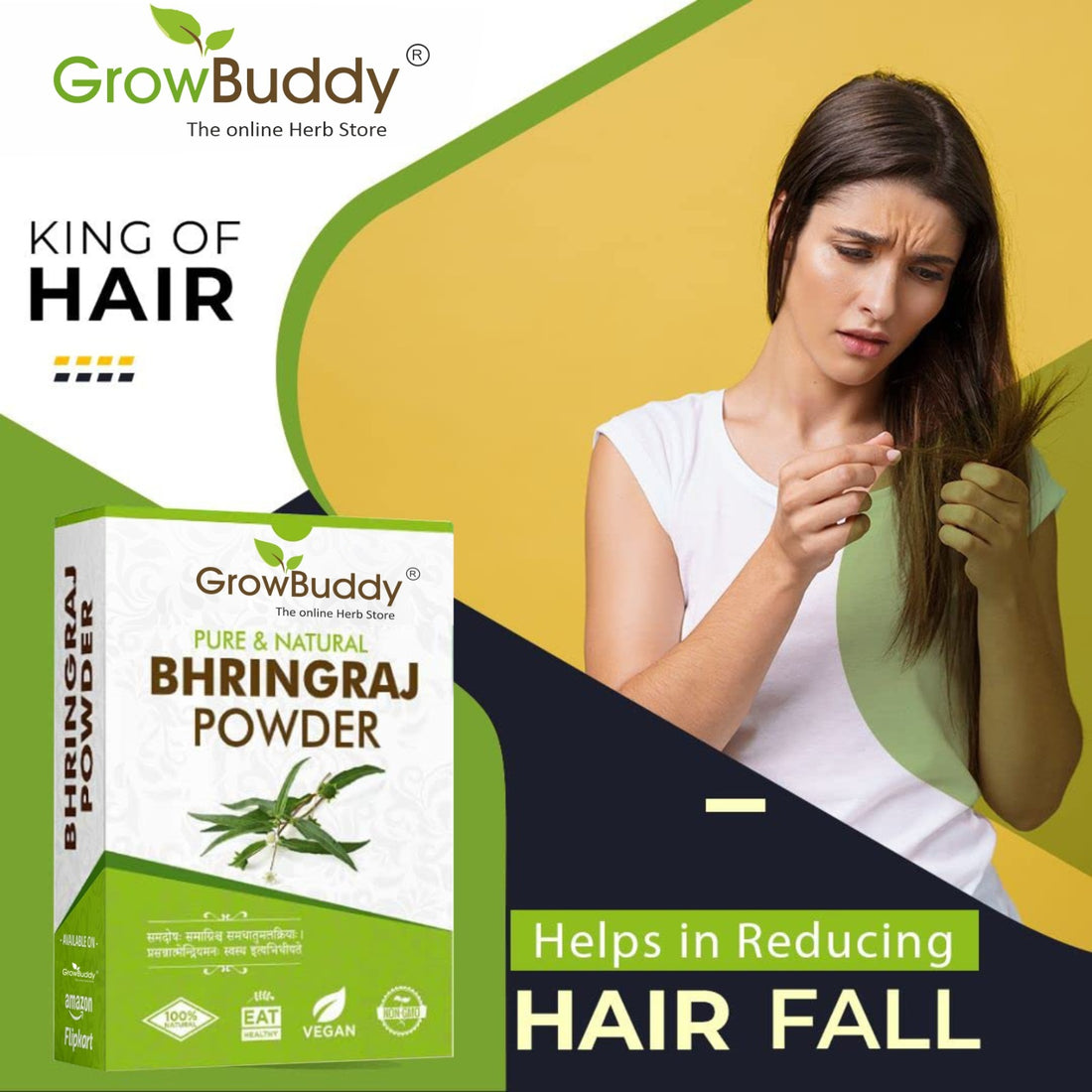 Growbuddy Natural Bhringraj Powder for hair growth (100 Grams) | For Hair Mask and Eating | 100% Pure and Natural | No Chemical, No Preservatives