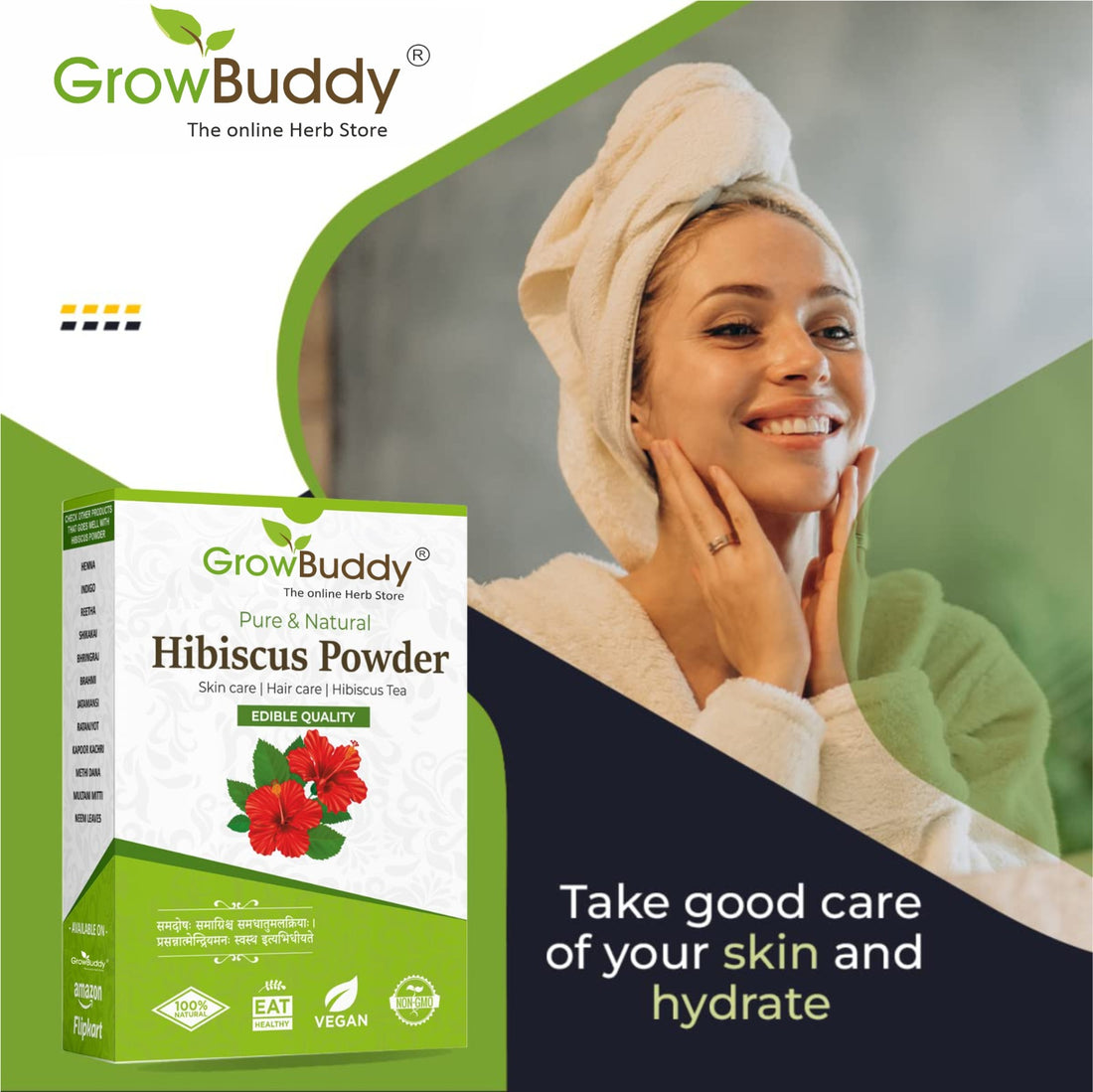 Growbuddy Hibiscus powder for hair growth (100 Grams) | Ideal for Hair pack, Face pack, Eating, and Hibiscus tea | Gudhal Ka Phool Powder | 100% Pure and Natural, No Preservatives