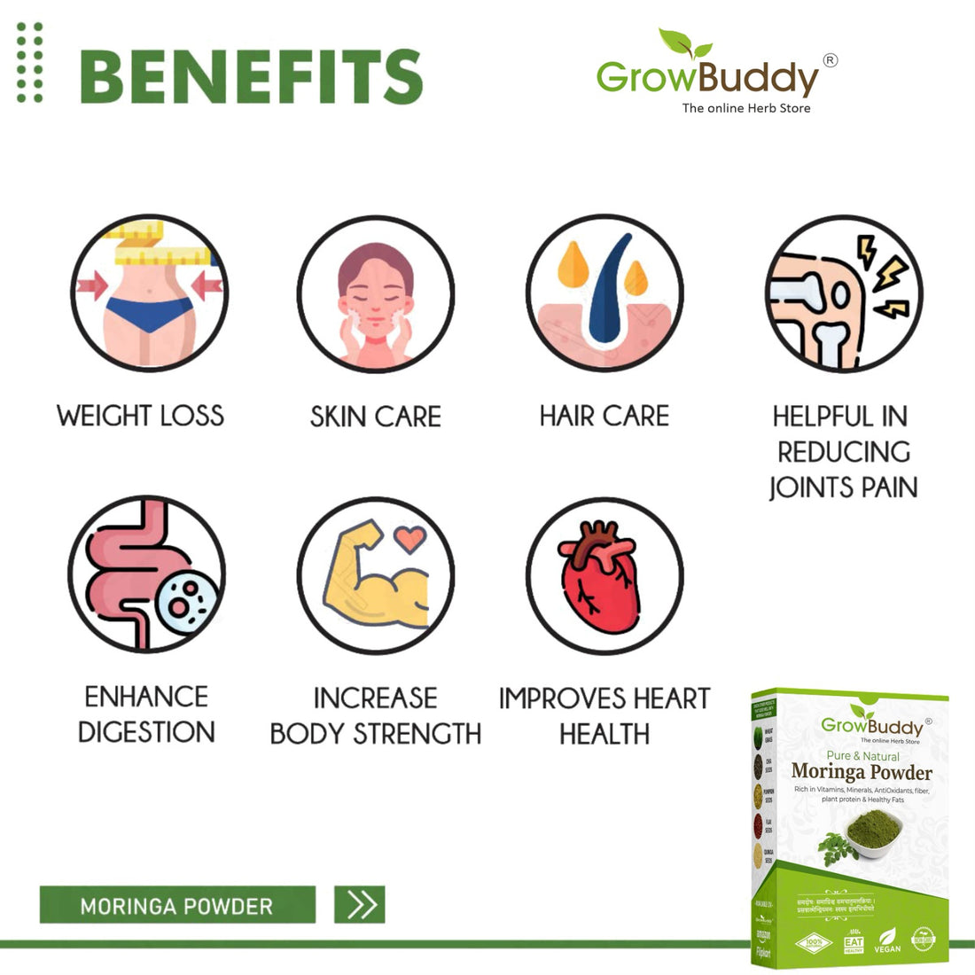 Growbuddy 100% Moringa Leaf Powder (200g) | Drumstick Leaf powder | Herbal Supplement | Good for Immunity, Digestion, skincare and Haircare | 100% Natural and Preservative-free