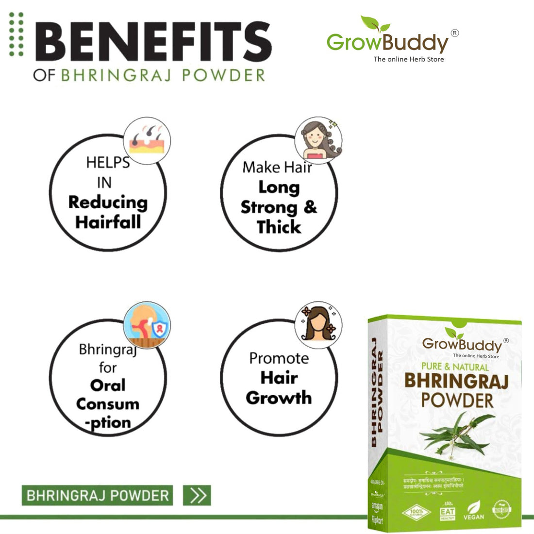 Growbuddy Natural Bhringraj Powder for hair growth (100 Grams) | For Hair Mask and Eating | 100% Pure and Natural | No Chemical, No Preservatives