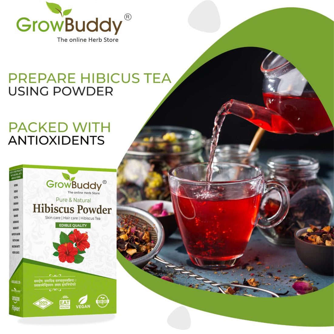 Growbuddy Hibiscus powder for hair growth (100 Grams) | Ideal for Hair pack, Face pack, Eating, and Hibiscus tea | Gudhal Ka Phool Powder | 100% Pure and Natural, No Preservatives