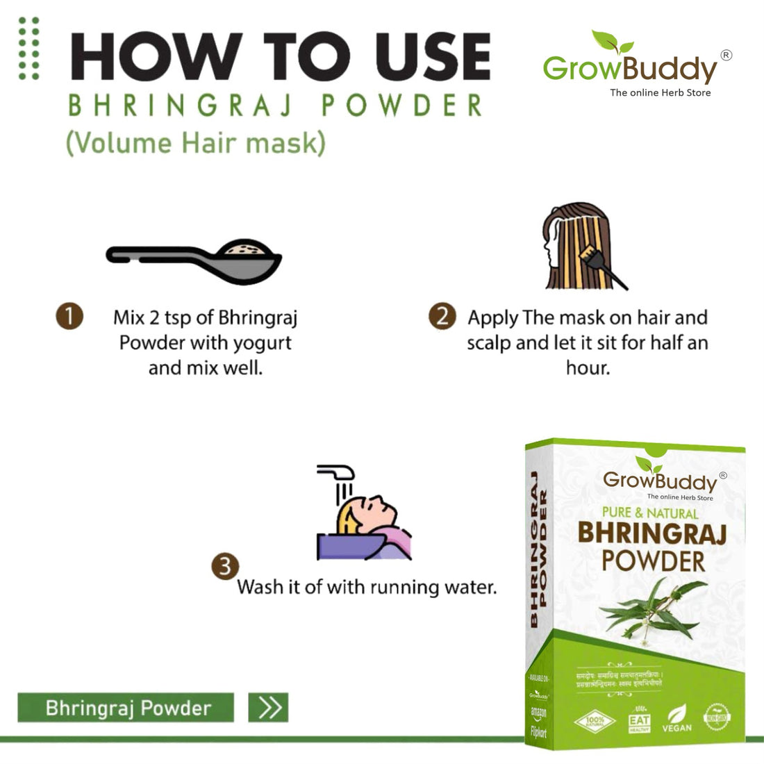 Growbuddy Natural Bhringraj Powder for hair growth (100 Grams) | For Hair Mask and Eating | 100% Pure and Natural | No Chemical, No Preservatives