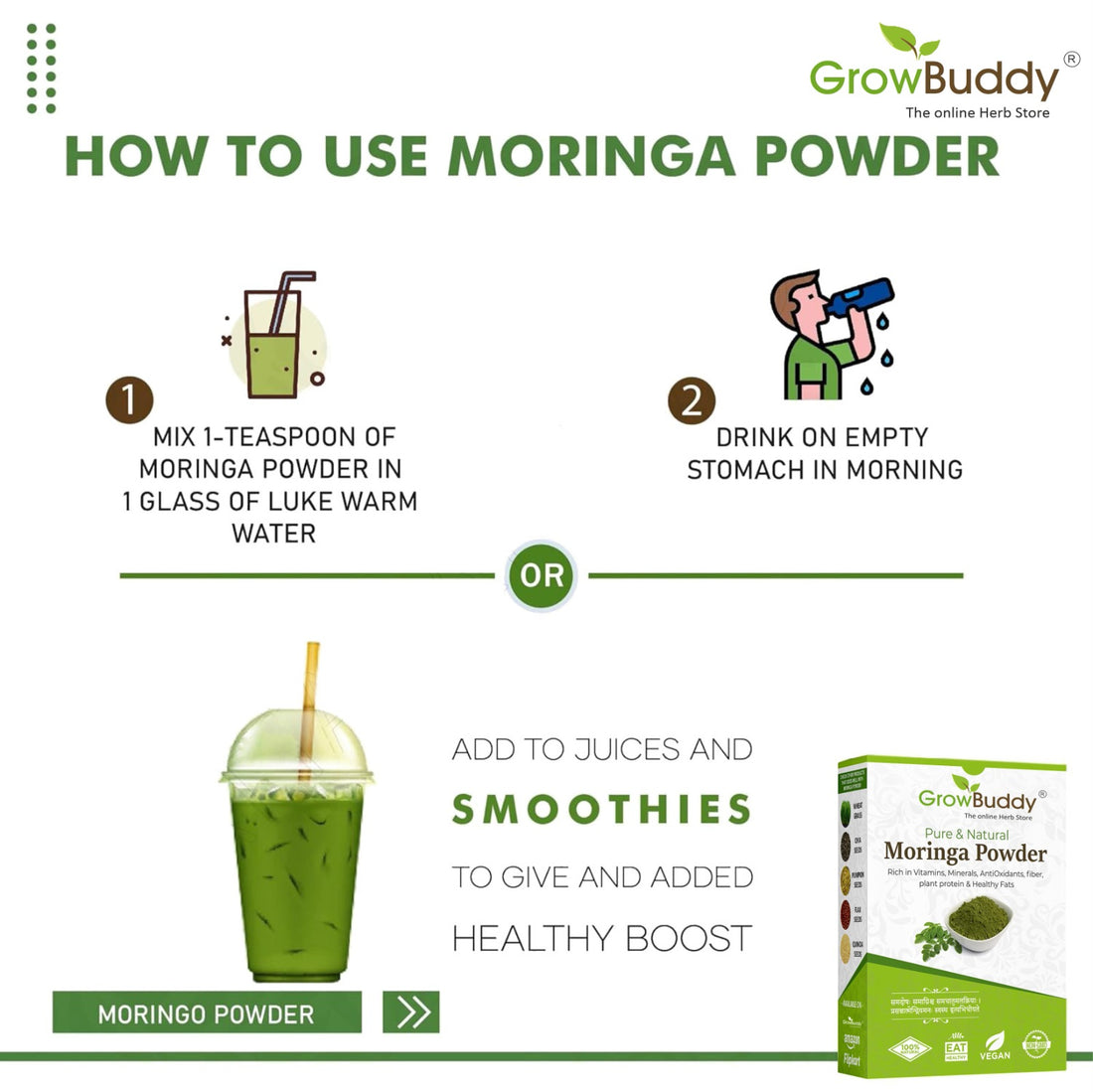 Growbuddy 100% Moringa Leaf Powder (200g) | Drumstick Leaf powder | Herbal Supplement | Good for Immunity, Digestion, skincare and Haircare | 100% Natural and Preservative-free