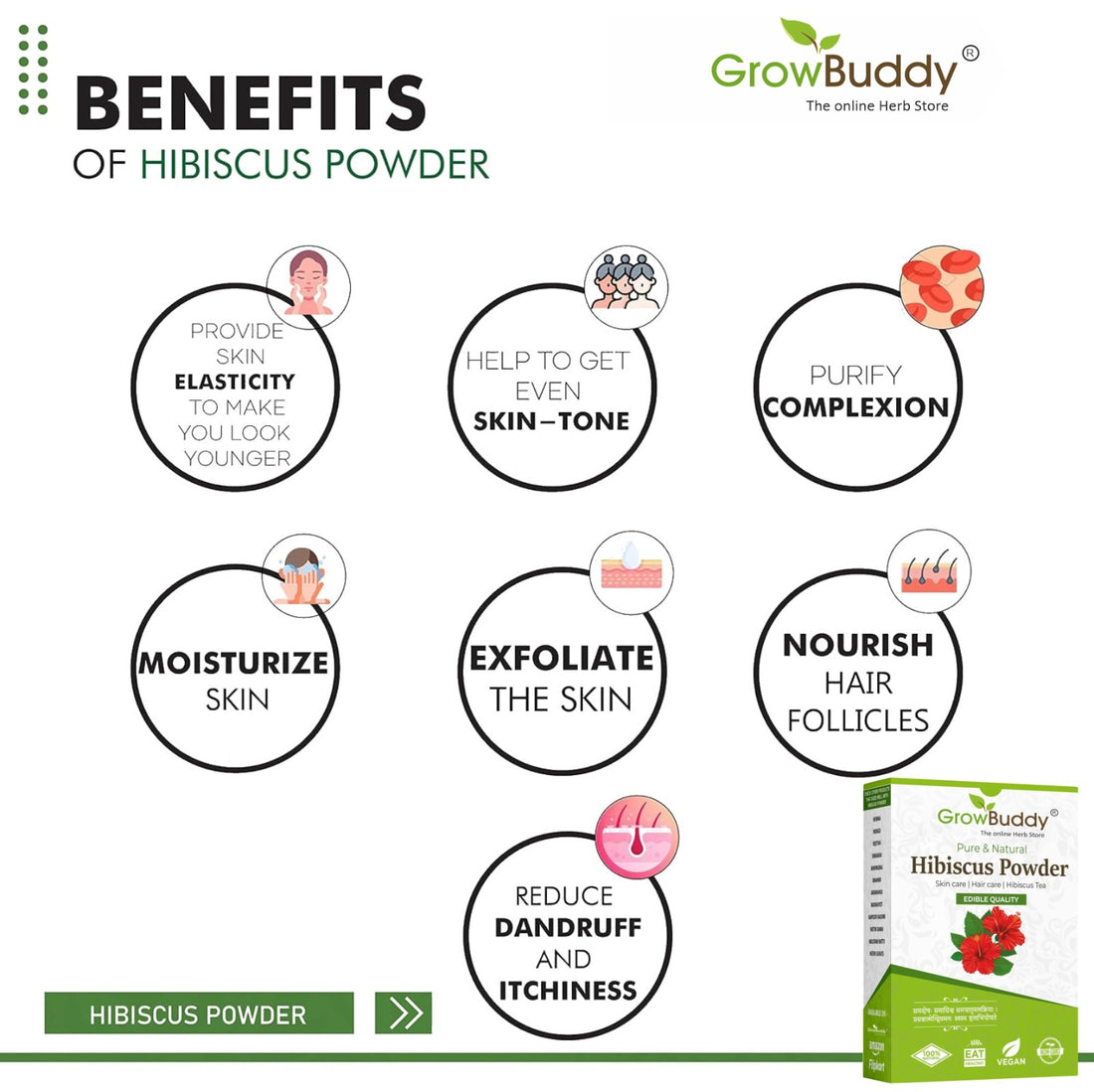 Growbuddy Hibiscus powder for hair growth (100 Grams) | Ideal for Hair pack, Face pack, Eating, and Hibiscus tea | Gudhal Ka Phool Powder | 100% Pure and Natural, No Preservatives