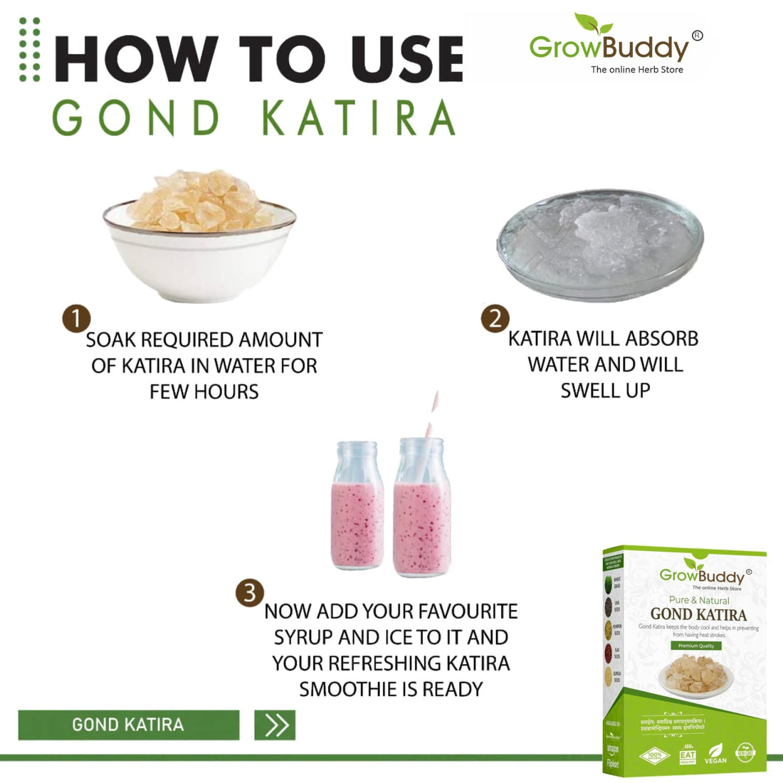 Growbuddy Gond Katira Pure (Edible Gum) - 200 grams | Tragacanth Gum | High Cooling Properties Herbal Food | Super Food |