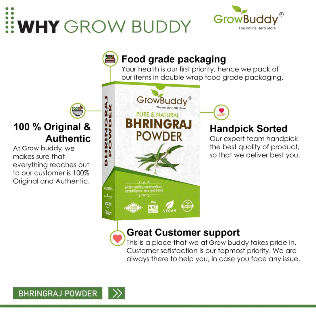 Growbuddy Natural Bhringraj Powder for hair growth (100 Grams) | For Hair Mask and Eating | 100% Pure and Natural | No Chemical, No Preservatives