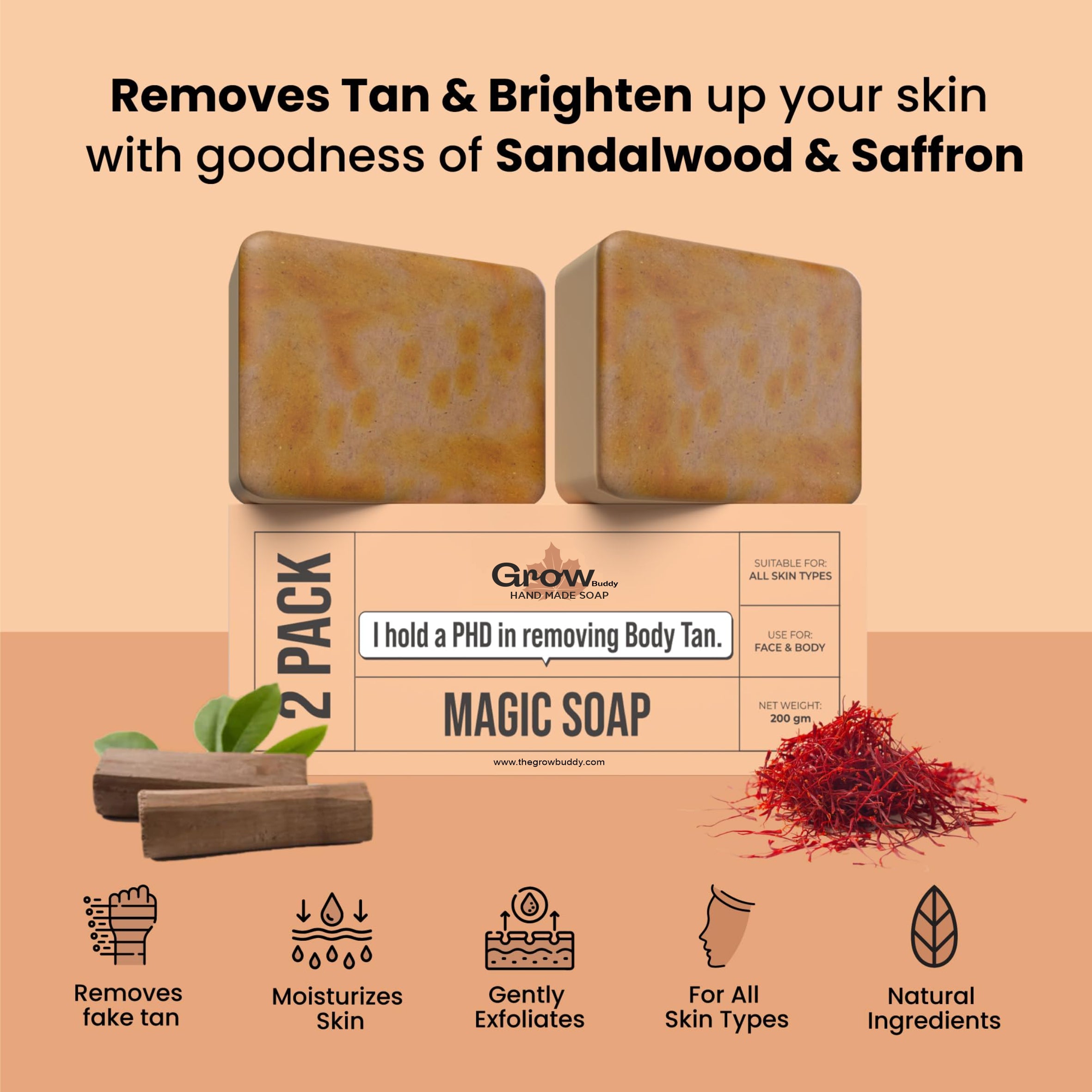 GrowBuddy Sandalwood & Saffron Magic Soaps For Bath (100 Gms Pack Of 2) | Paraben Free | Chandan & Kesar Bath Soap | Handmade Soaps For Glowing | Skin Brightening Soap For Men & Women