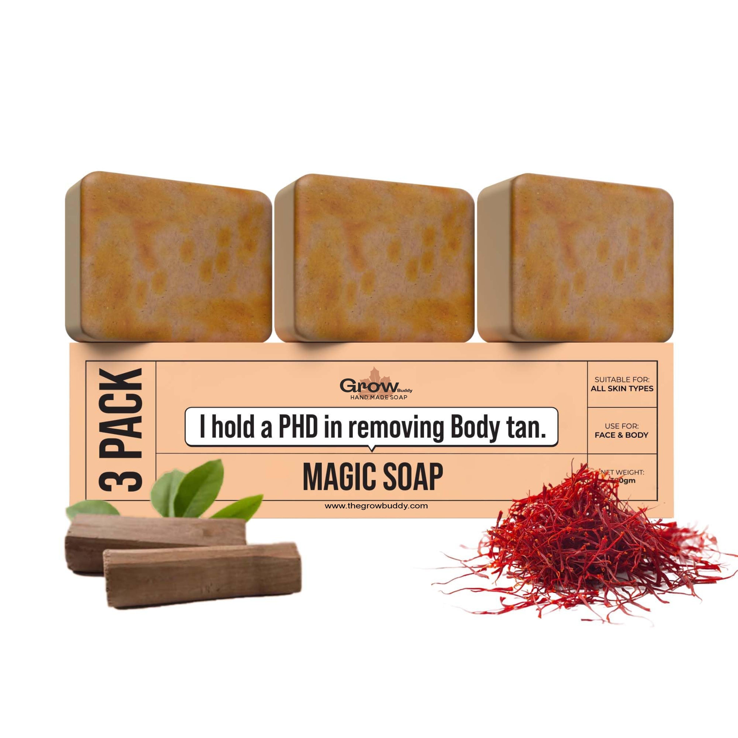 GrowBuddy Sandalwood & Saffron Magic Soaps For Bath (300 Gms Pack Of 3) | Paraben Free | Chandan & Kesar Bath Soap | Handmade Soaps For Glowing | Skin Brightening Soap For Men & Women