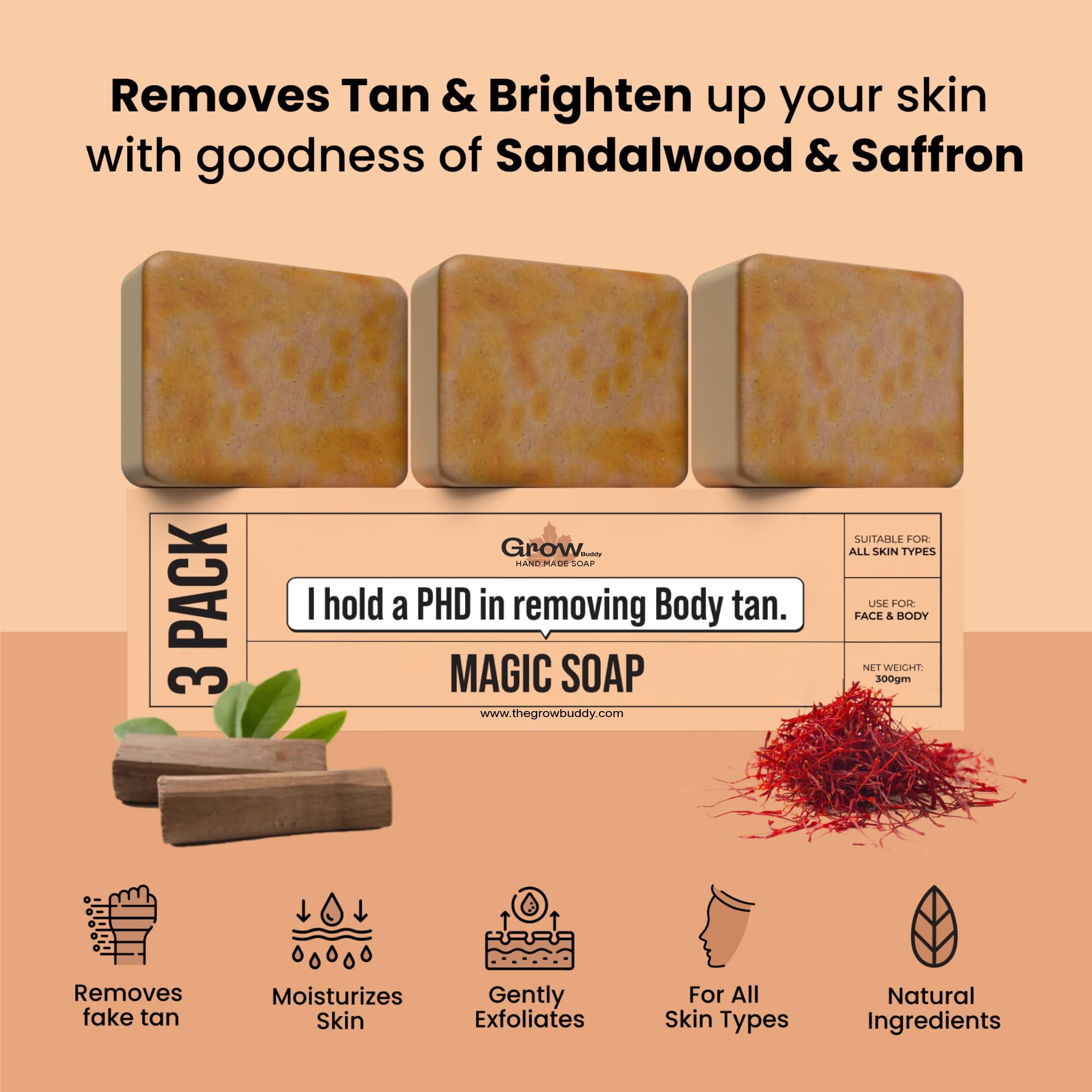 GrowBuddy Sandalwood & Saffron Magic Soaps For Bath (300 Gms Pack Of 3) | Paraben Free | Chandan & Kesar Bath Soap | Handmade Soaps For Glowing | Skin Brightening Soap For Men & Women