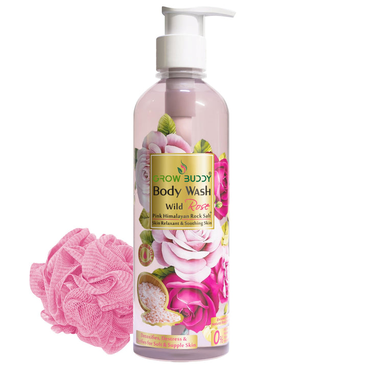 GrowBuddy Wash Wild Rose + Pink Himalayan Rock Salt (300ml), (Loofah Free) | Detoxifies, Destress & Purifies for Soft & Supple Skin | All Skin Types | For Men and Women