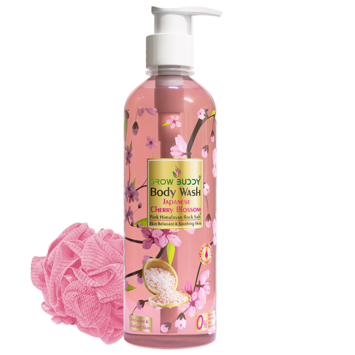 GrowBuddy Wash Japanese Cherry Blossom + Pink Himalayan Rock Salt (300ml), (Loofah Free), For Anti-Acne & Radiant Skin | All Skin Types | For Men and Women