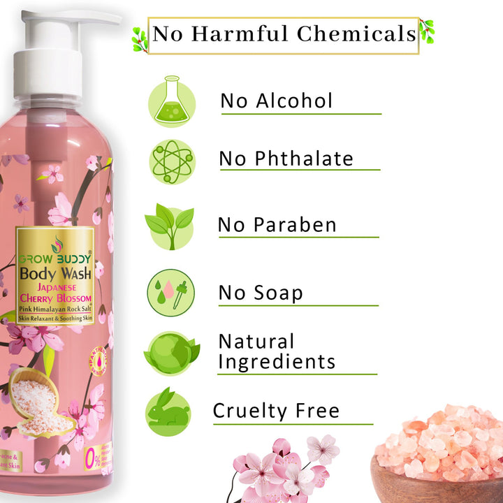 GrowBuddy Wash Japanese Cherry Blossom + Pink Himalayan Rock Salt (300ml), (Loofah Free), For Anti-Acne & Radiant Skin | All Skin Types | For Men and Women