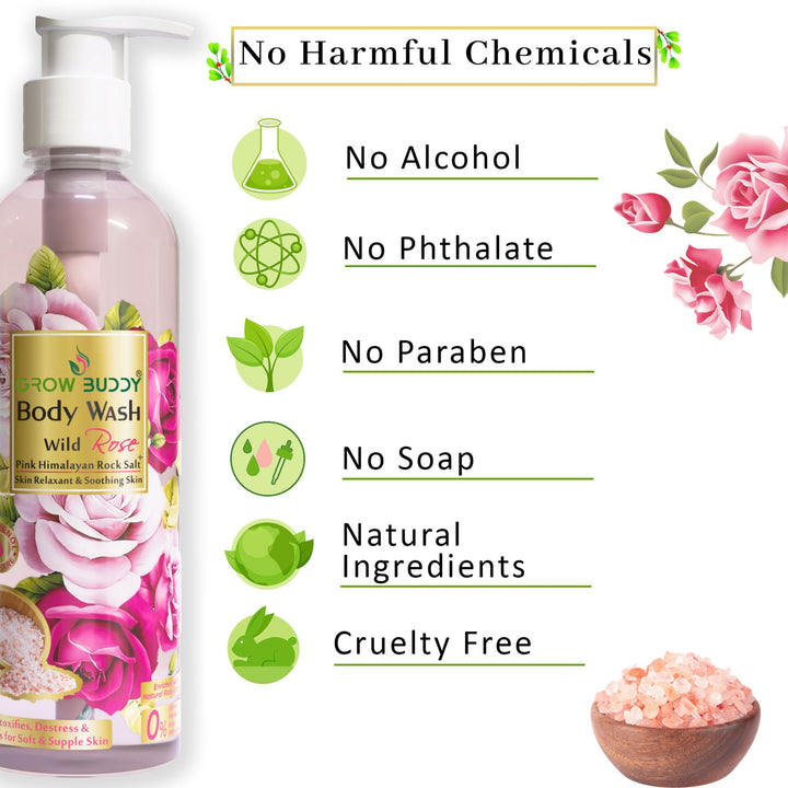 GrowBuddy Wash Wild Rose + Pink Himalayan Rock Salt (300ml), (Loofah Free) | Detoxifies, Destress & Purifies for Soft & Supple Skin | All Skin Types | For Men and Women